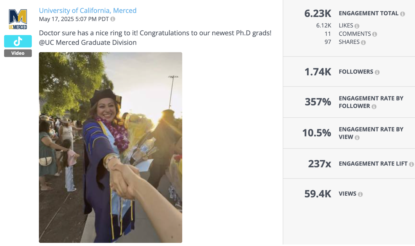 A joyful Ph.D. graduate in cap and gown holds hands with someone off-camera, holding a bouquet and leis, smiling at sunset during UC Merced’s graduation celebration.